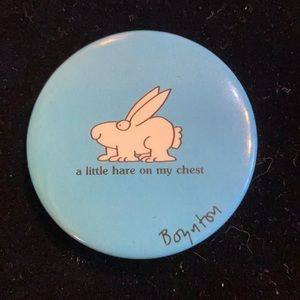 Sandra Boynton vintage bunny‎ button “a little hare on my chest” pin brooch